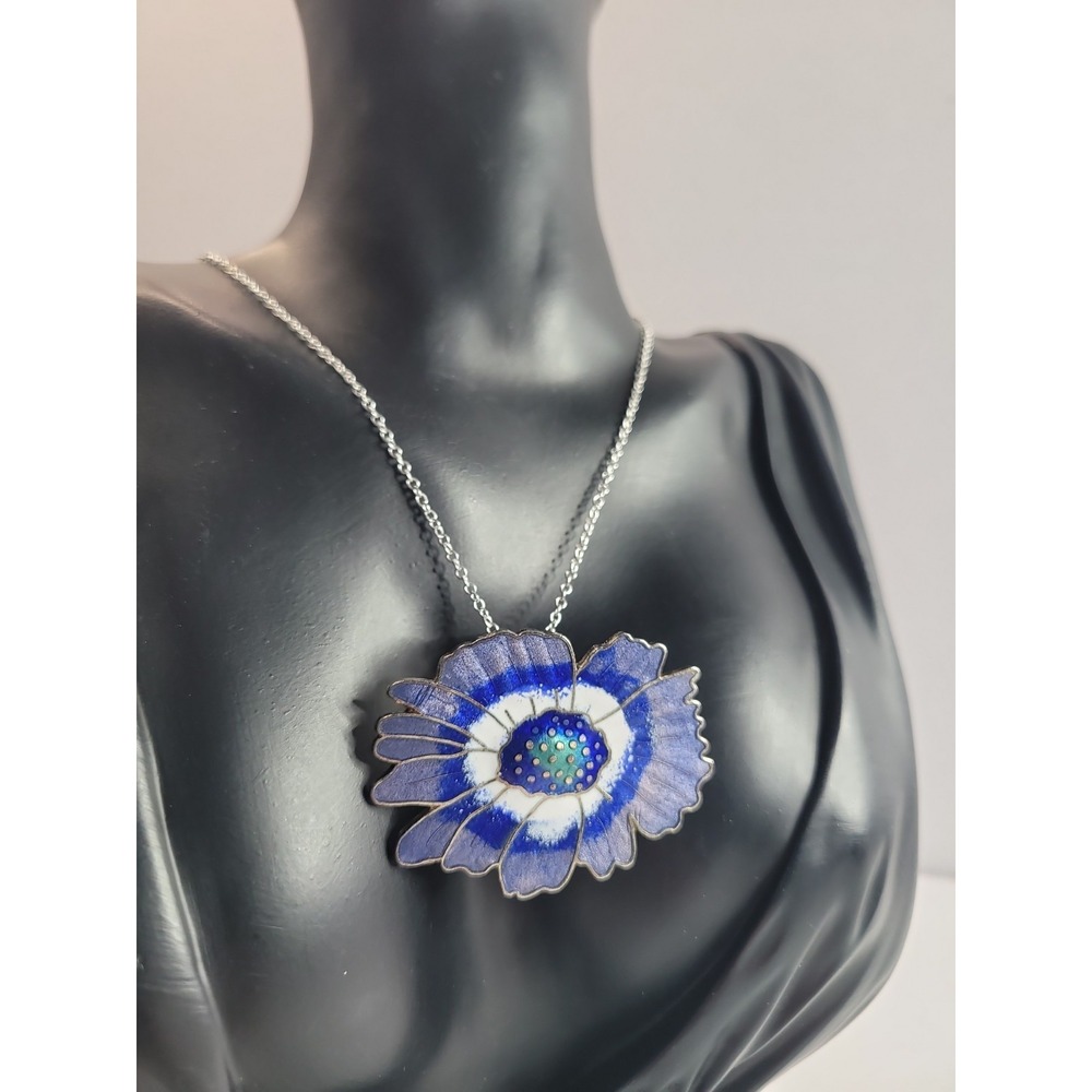 Blue White Enamel Flower Pendant Necklace Silver Tone Floral Statement Jewelry